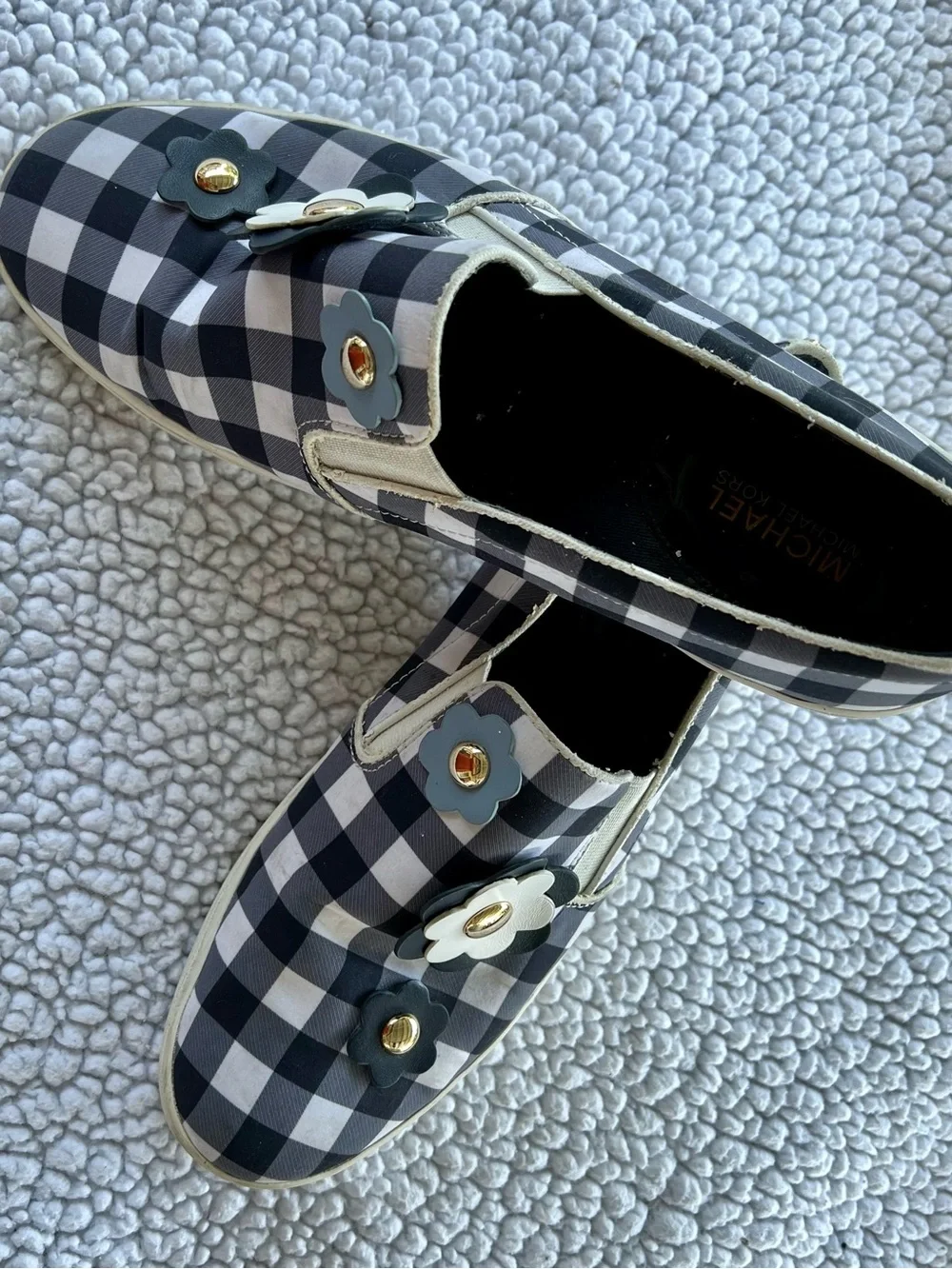 Michael Kors Navy and White Gingham Slip-On Sneakers with Flower Appliqués